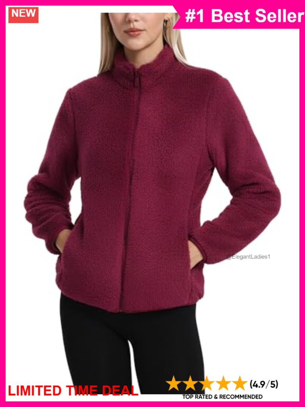 Fuzzy Fleece Zip-Up Jacket with 4 Pockets, Stand Collar, Sherpa